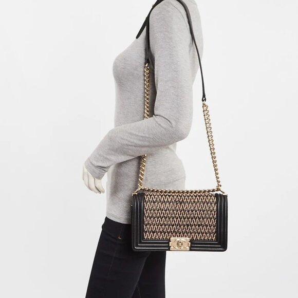 Chanel Black Woven Raffia and Lambskin Leather Medium Boy Bag - Picture 3 of 9